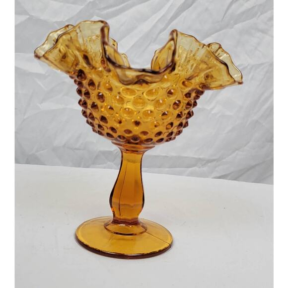 Fenton Amber Ruffled Hobnail Stemmed Candy Dish 6" - Picture 1 of 3